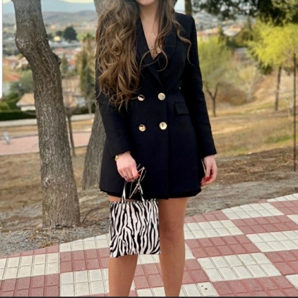 ZARA | NWT DOUBLE BREASTED LONG BLAZER BLACK L - Picture 3 of 15